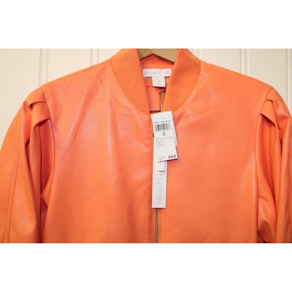 HOUSE OF HARLOW Bomber Jacket Living Coral Vegan Leather Size L Large - Picture 4 of 13